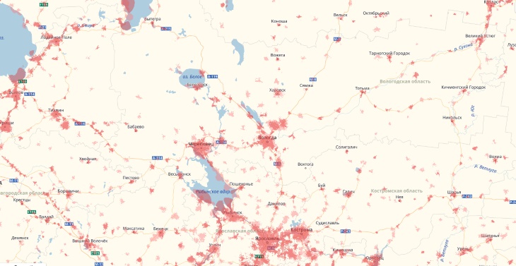 Карта покрытия Ярославской, Вологодской и Костромской областей скоростным интернетом 3G/4G МТС